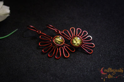 Semi Flower Earrings with Yellow Crackle Bead – Handmade Wire Jewelry