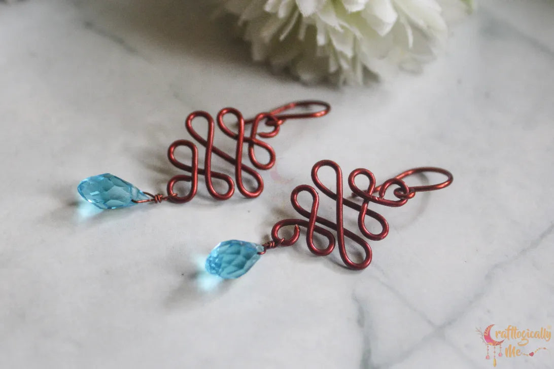 Blue Crystal Swirly Drop Wire Earrings – Handmade Anti-Tarnish Copper Jewelry