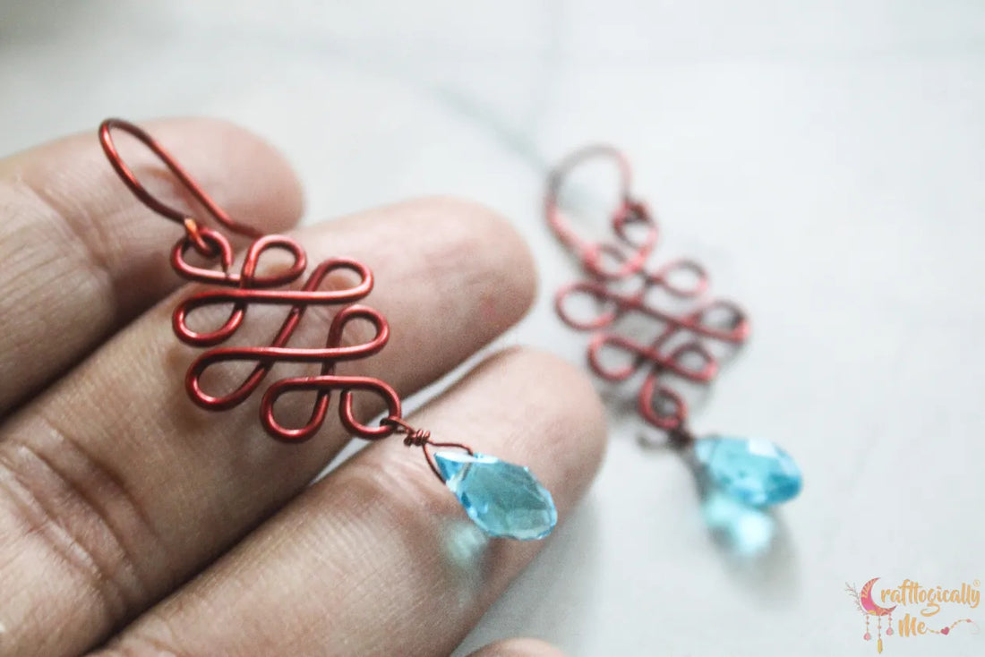 Blue Crystal Swirly Drop Wire Earrings – Handmade Anti-Tarnish Copper Jewelry
