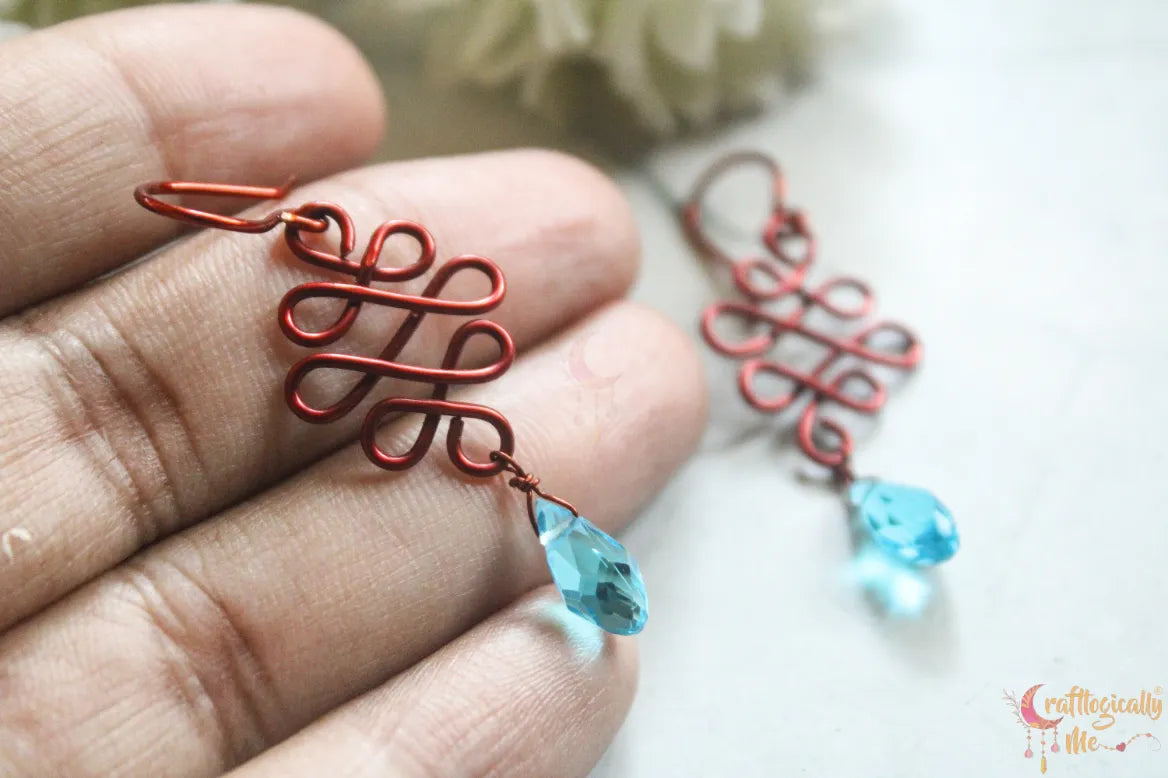 Blue Crystal Swirly Drop Wire Earrings – Handmade Anti-Tarnish Copper Jewelry