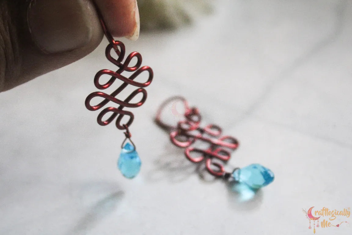Blue Crystal Swirly Drop Wire Earrings – Handmade Anti-Tarnish Copper Jewelry