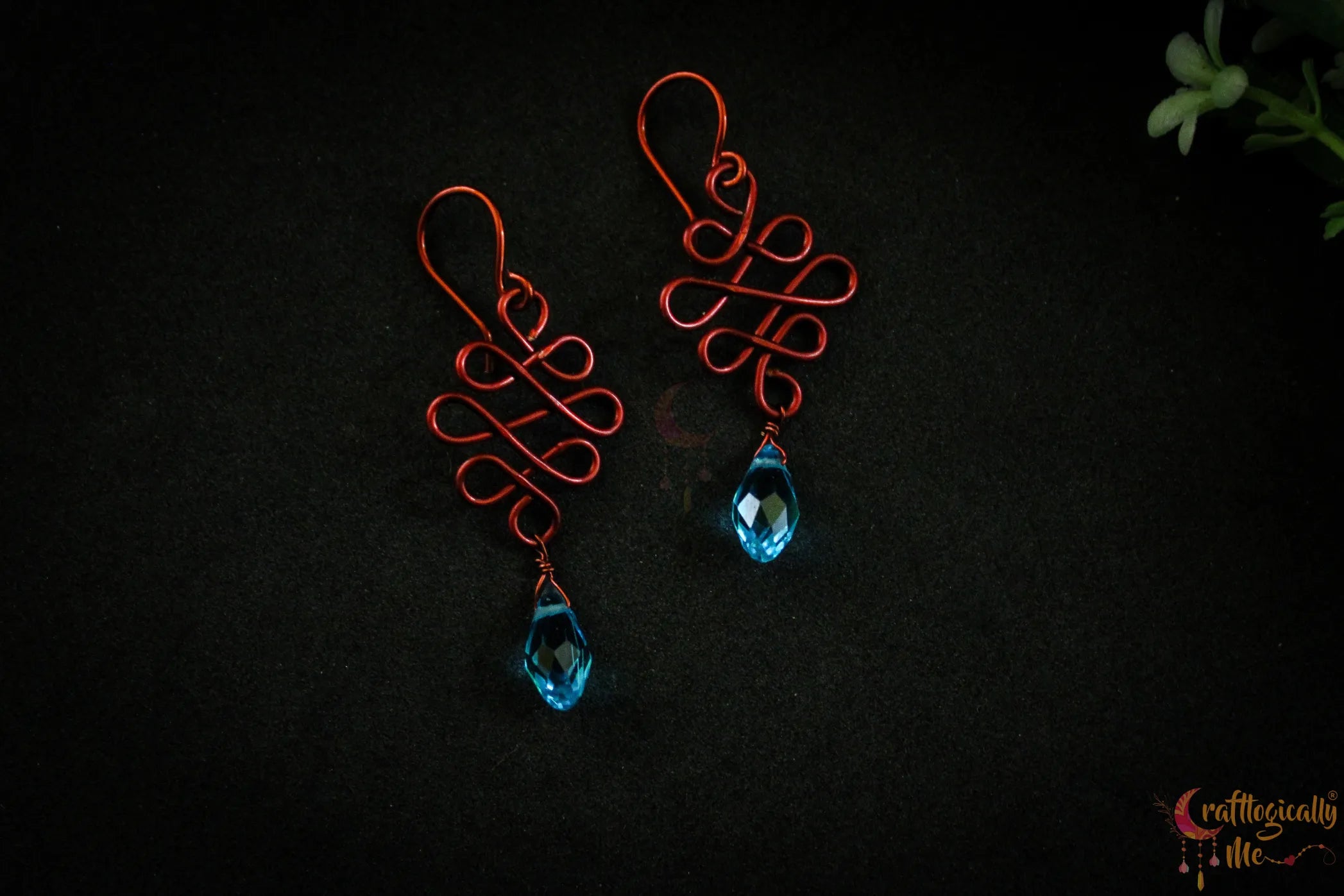 Blue Crystal Swirly Drop Wire Earrings – Handmade Anti-Tarnish Copper Jewelry