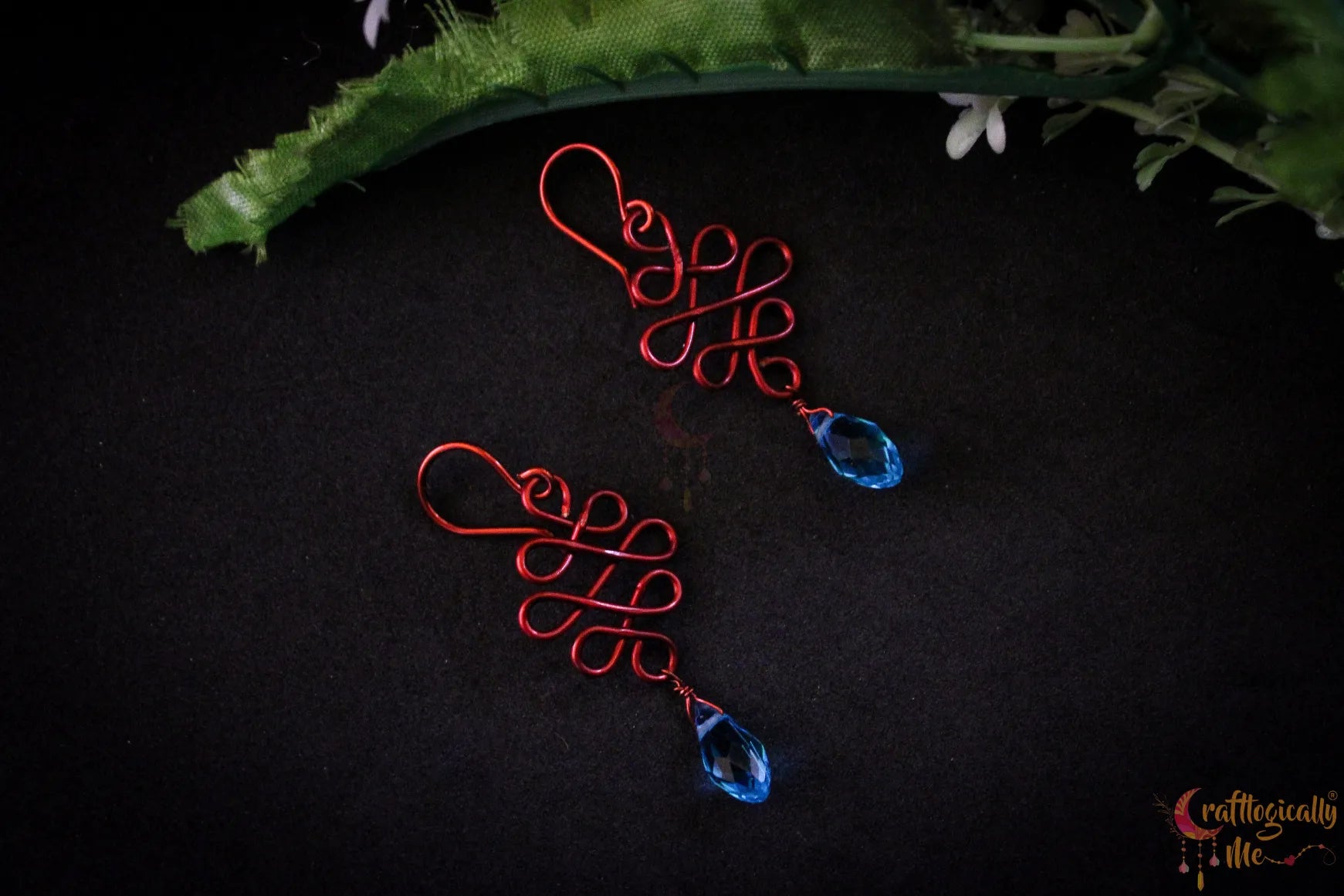 Blue Crystal Swirly Drop Wire Earrings – Handmade Anti-Tarnish Copper Jewelry