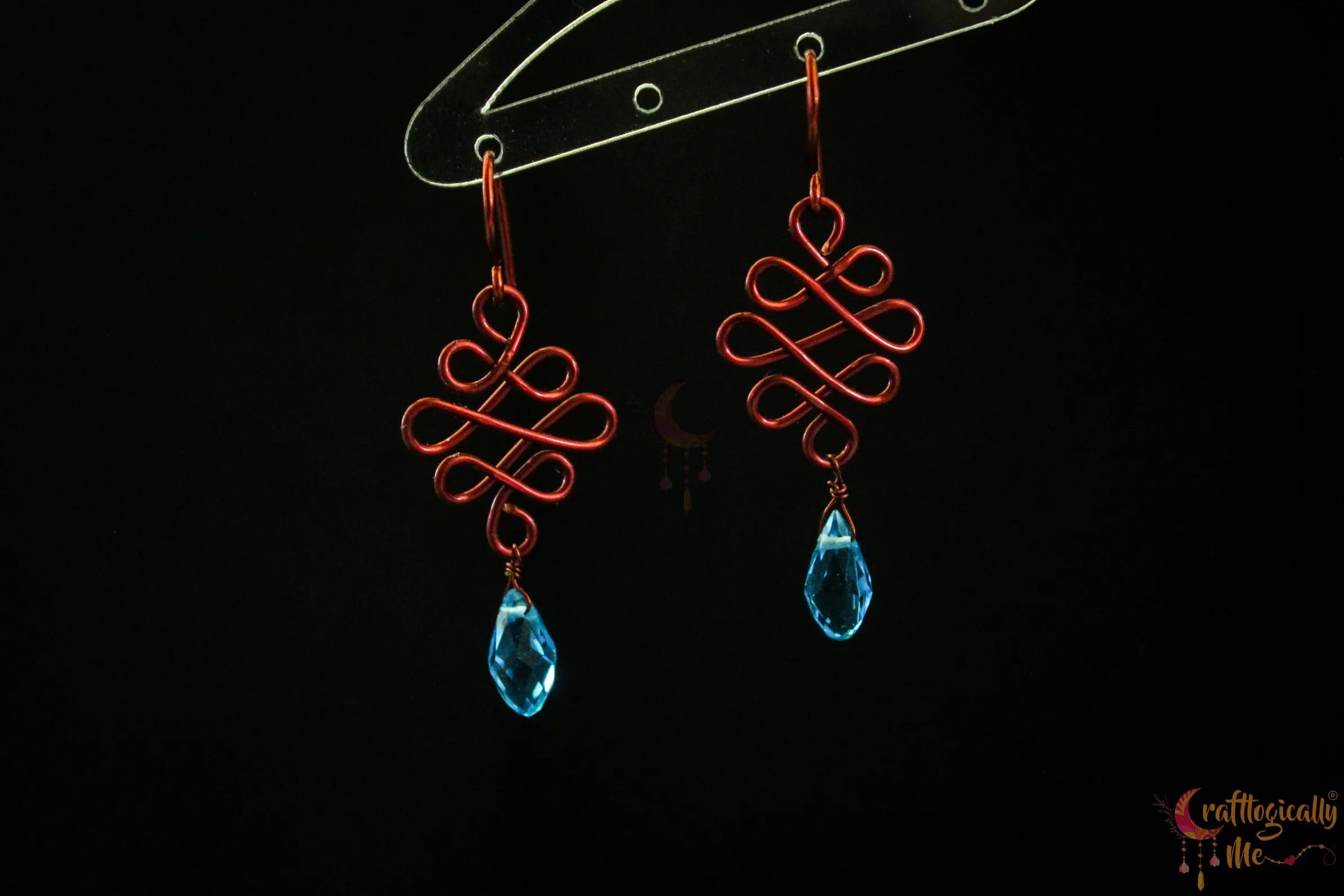 Blue Crystal Swirly Drop Wire Earrings – Handmade Anti-Tarnish Copper Jewelry