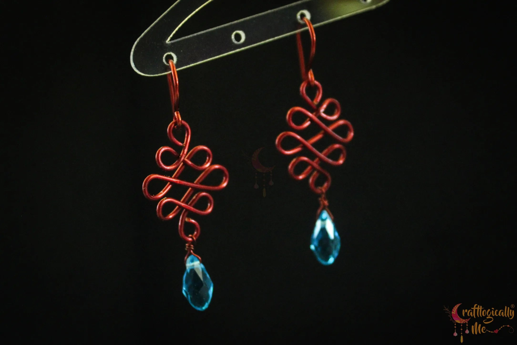 Blue Crystal Swirly Drop Wire Earrings – Handmade Anti-Tarnish Copper Jewelry