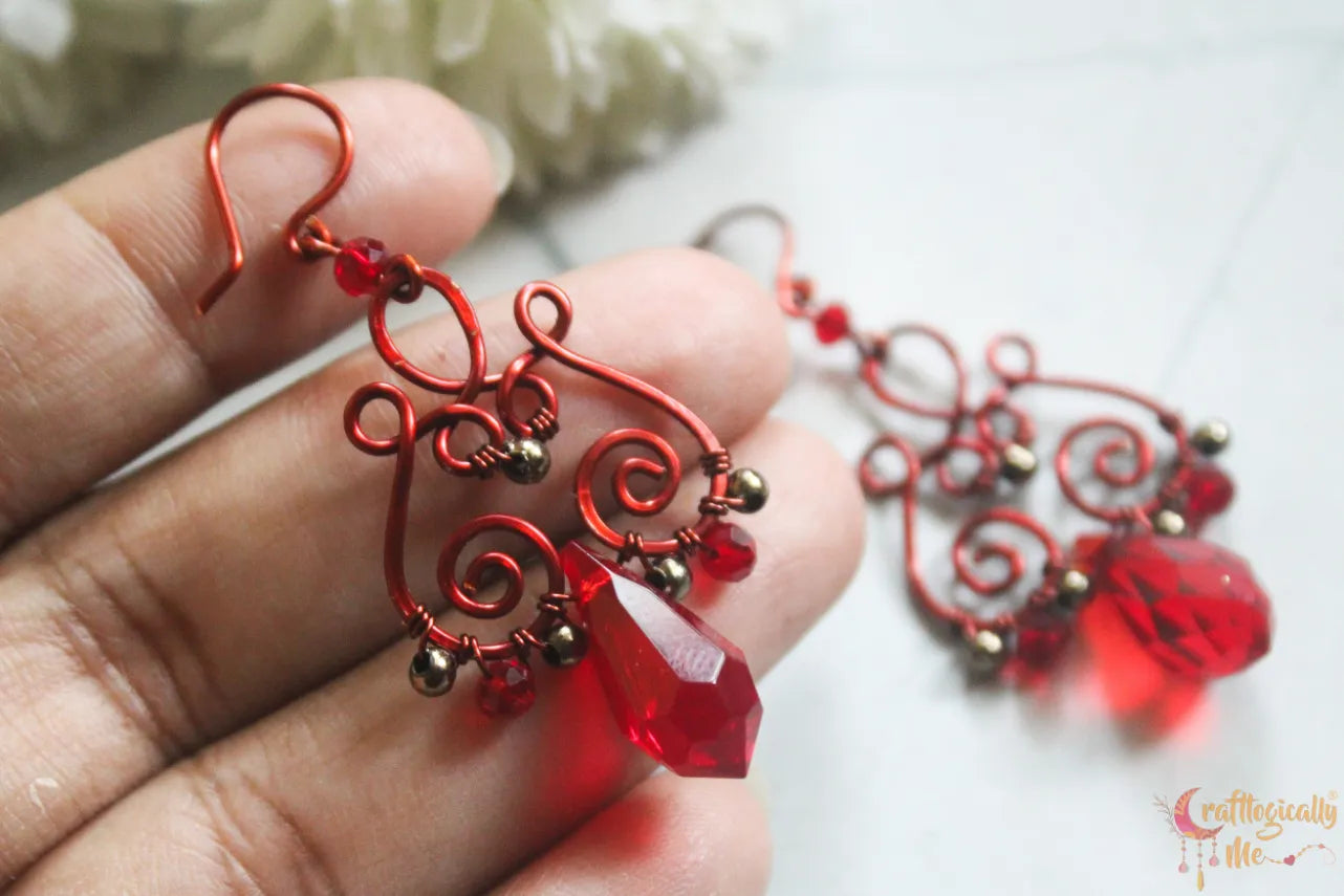 Red Crystal Wire Dangler Earrings – Handmade Anti-Tarnish Copper Jewelry
