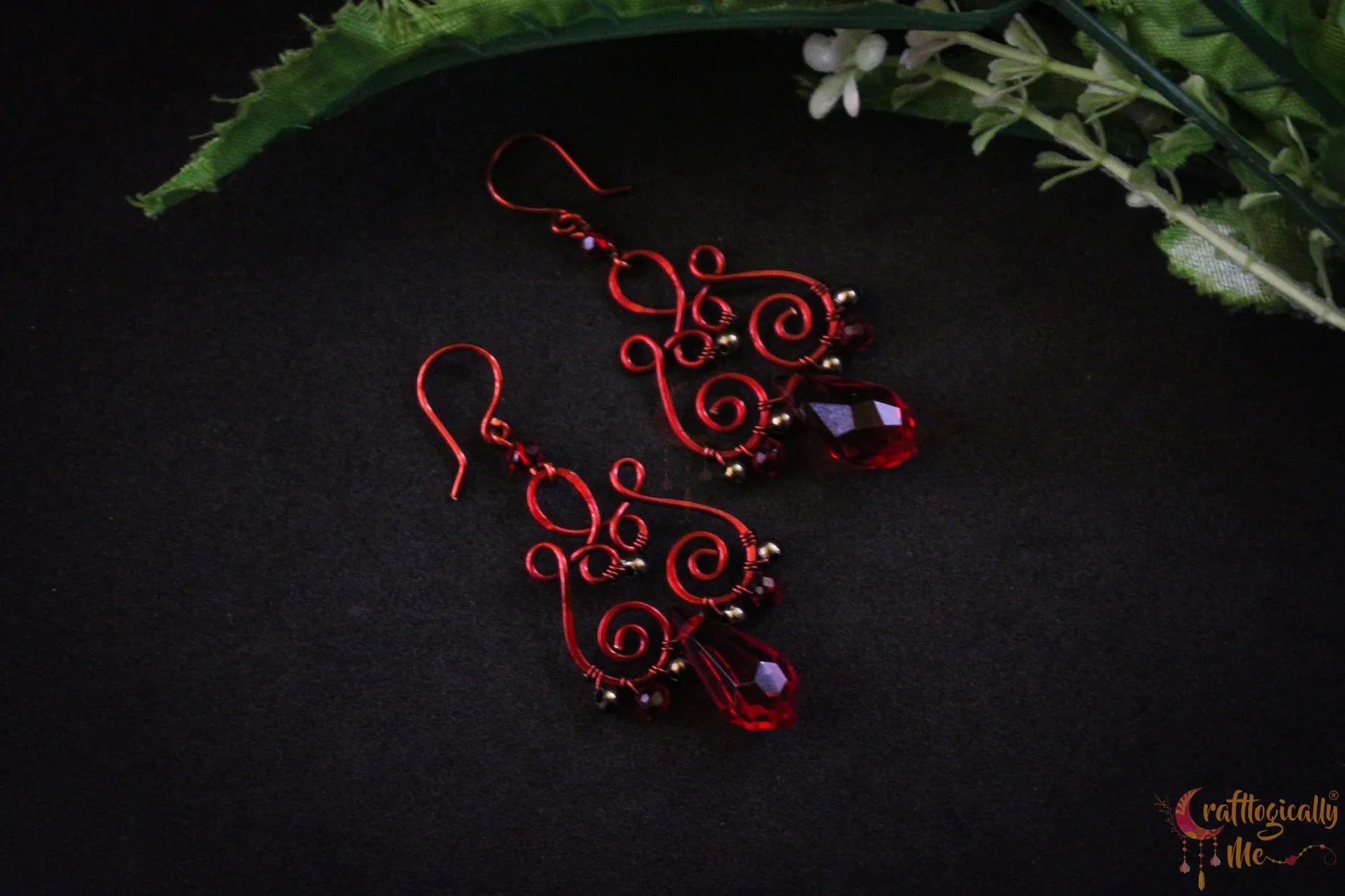 Red Crystal Wire Dangler Earrings – Handmade Anti-Tarnish Copper Jewelry