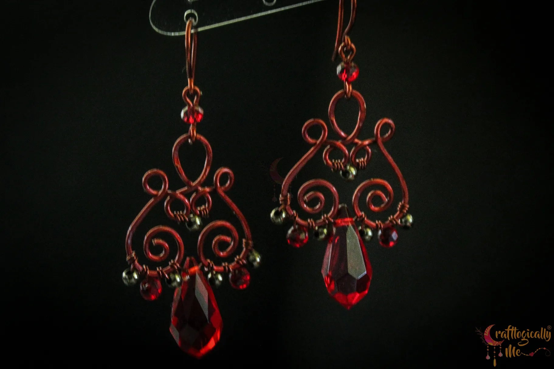 Red Crystal Wire Dangler Earrings – Handmade Anti-Tarnish Copper Jewelry