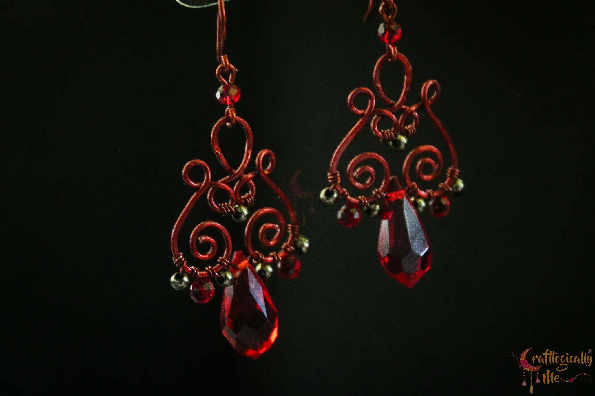 Red Crystal Wire Dangler Earrings – Handmade Anti-Tarnish Copper Jewelry