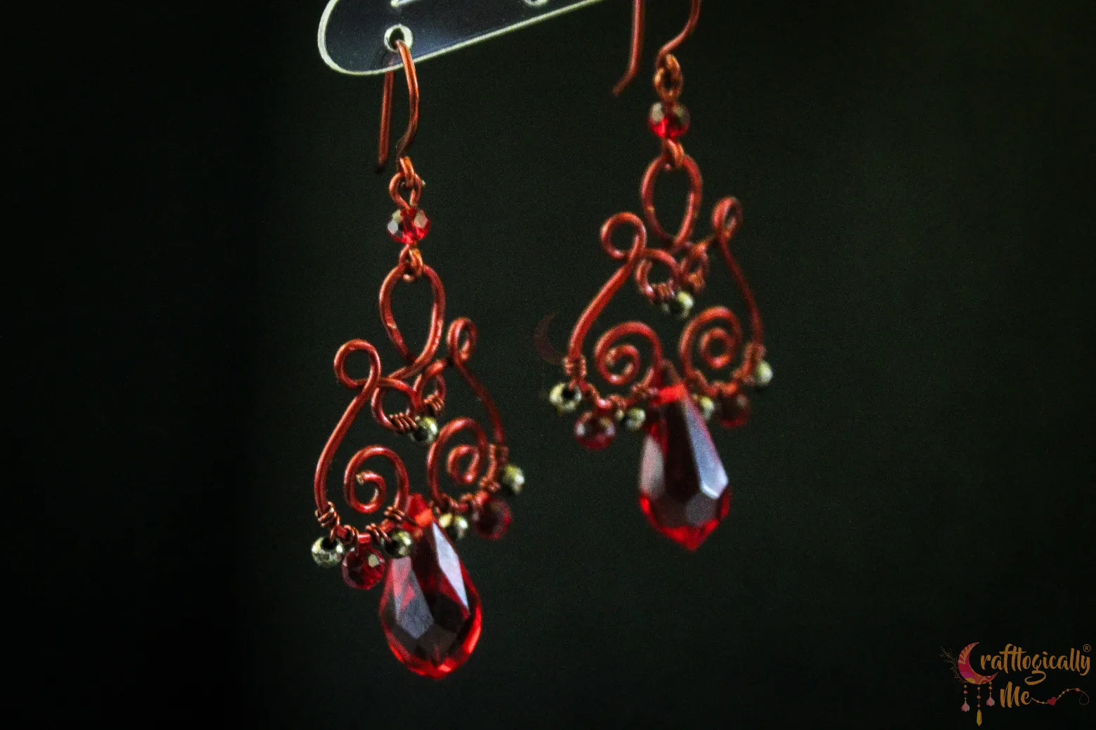 Red Crystal Wire Dangler Earrings – Handmade Anti-Tarnish Copper Jewelry