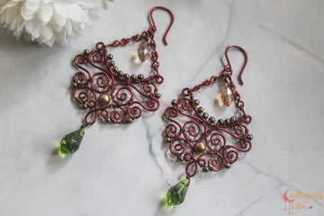 Boho Style Long Chandelier Green & Gold Swirly Wire Earrings – Handmade Anti-Tarnish Copper Jewelry
