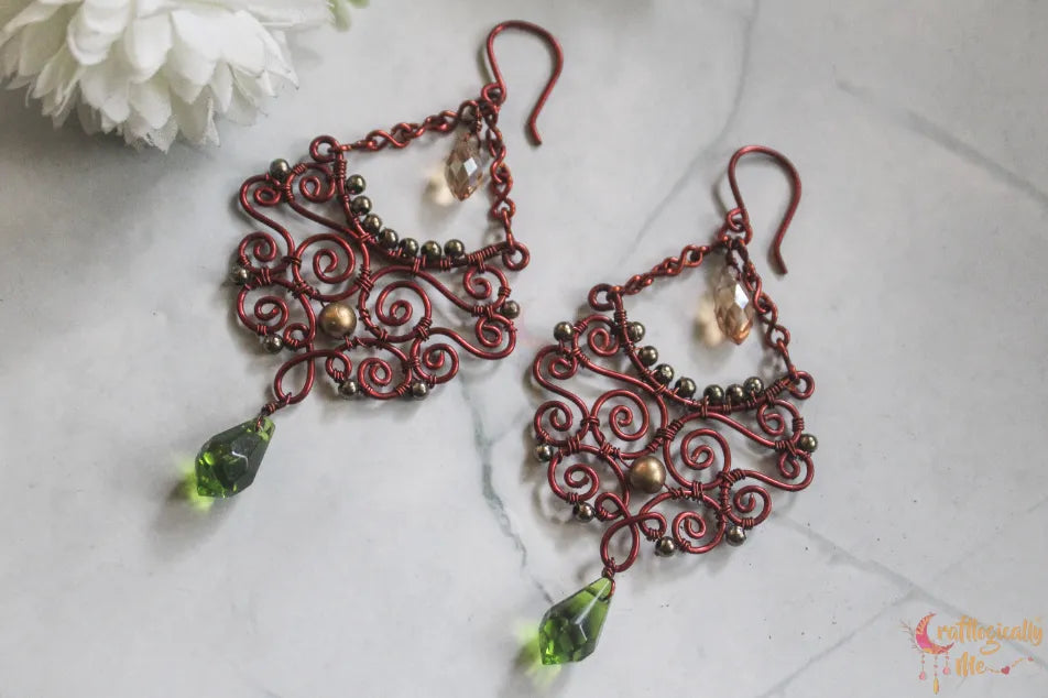 Boho Style Long Chandelier Green & Gold Swirly Wire Earrings – Handmade Anti-Tarnish Copper Jewelry