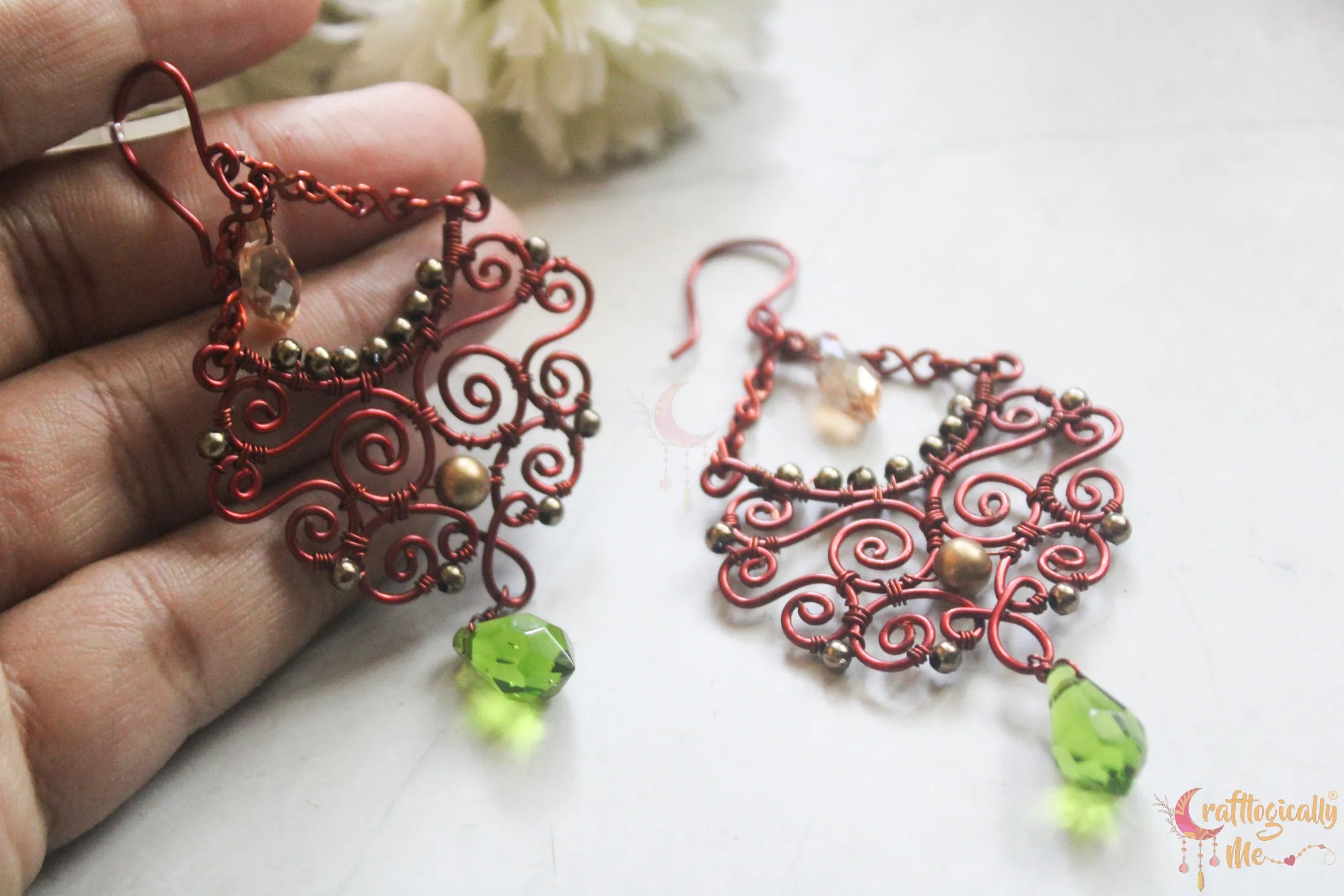 Boho Style Long Chandelier Green & Gold Swirly Wire Earrings – Handmade Anti-Tarnish Copper Jewelry