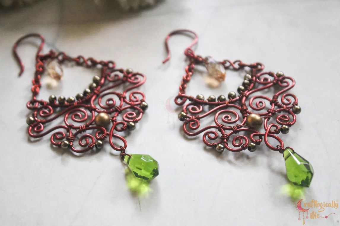 Boho Style Long Chandelier Green & Gold Swirly Wire Earrings – Handmade Anti-Tarnish Copper Jewelry