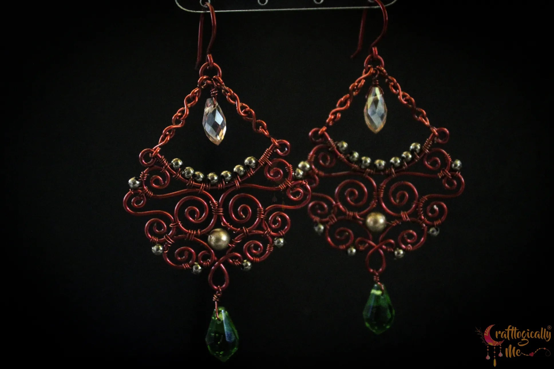 Boho Style Long Chandelier Green & Gold Swirly Wire Earrings – Handmade Anti-Tarnish Copper Jewelry