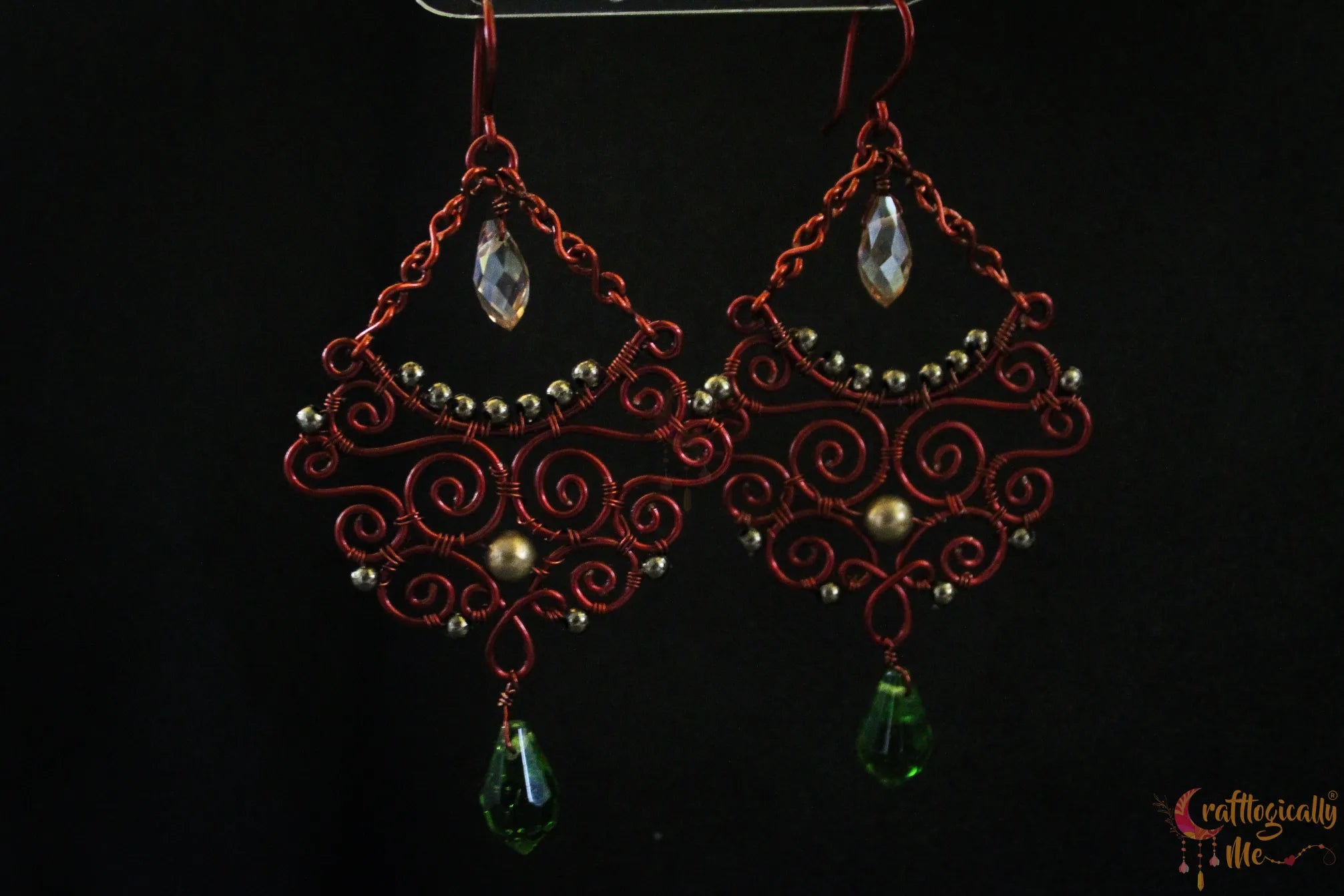 Boho Style Long Chandelier Green & Gold Swirly Wire Earrings – Handmade Anti-Tarnish Copper Jewelry