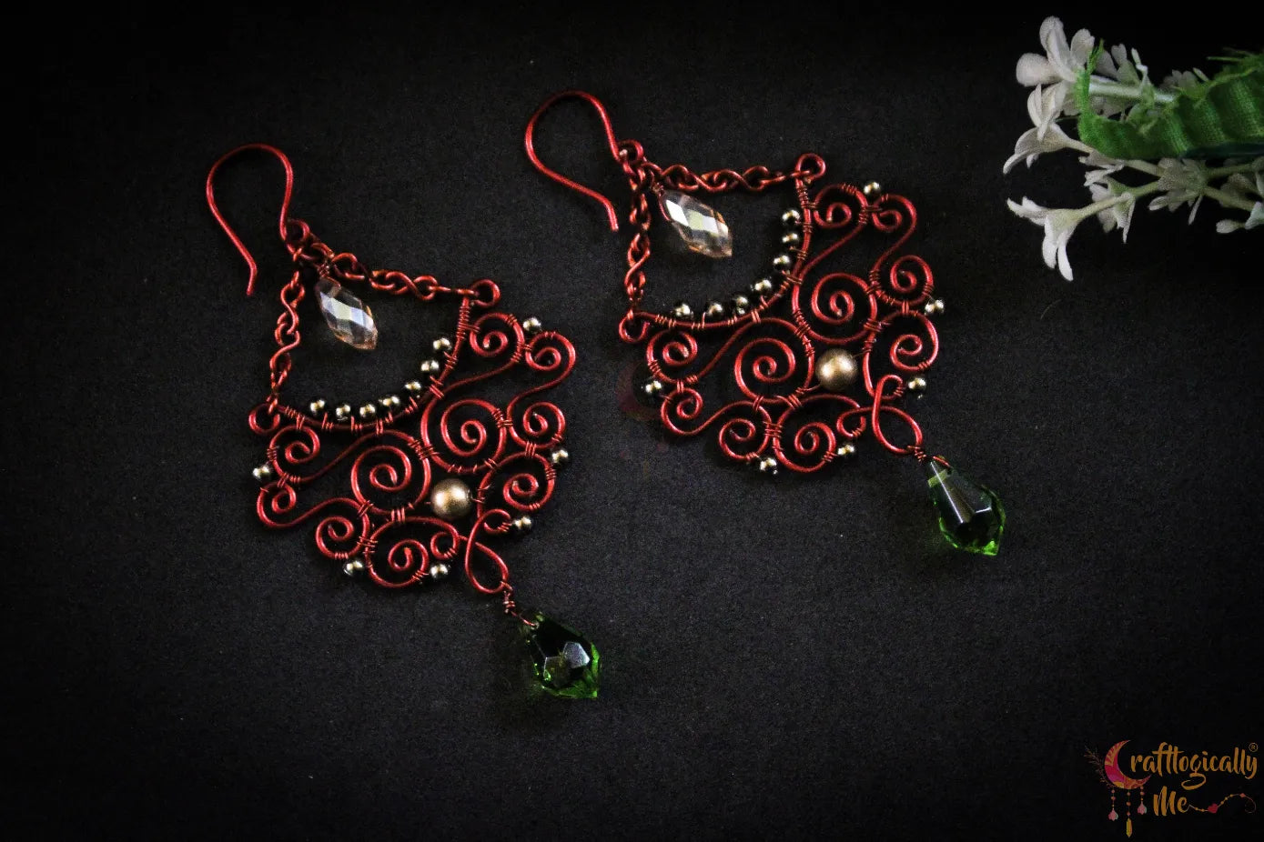 Boho Style Long Chandelier Green & Gold Swirly Wire Earrings – Handmade Anti-Tarnish Copper Jewelry
