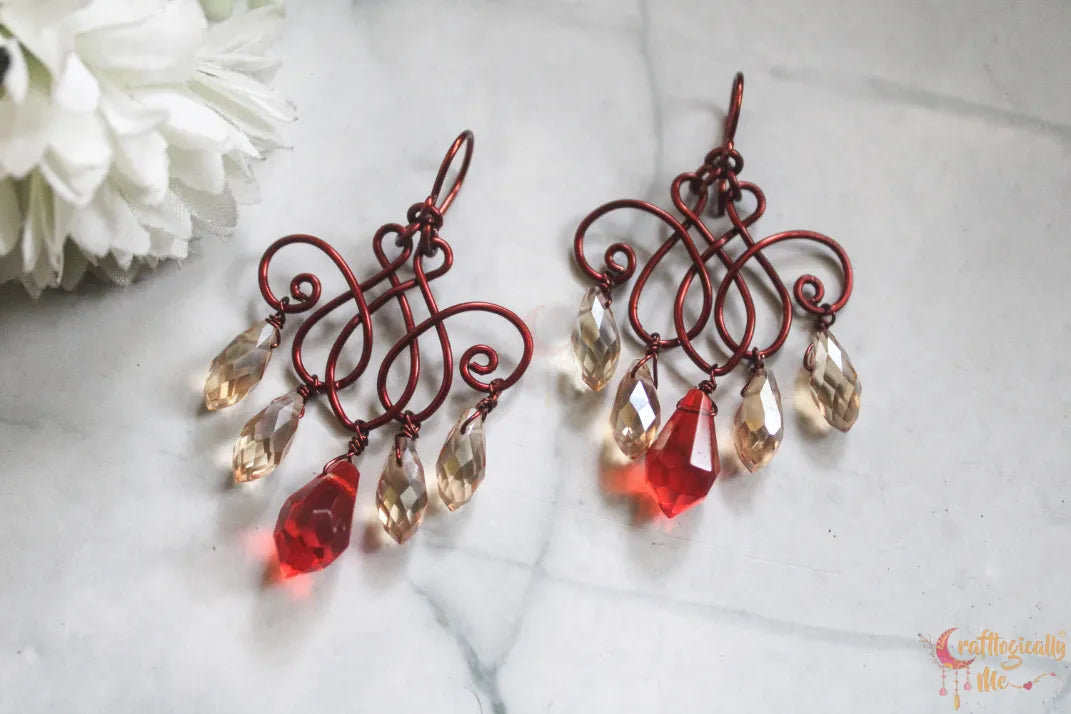 Orange & Gold Crystal Filigree Earrings – Handmade Anti-Tarnish Copper Jewelry