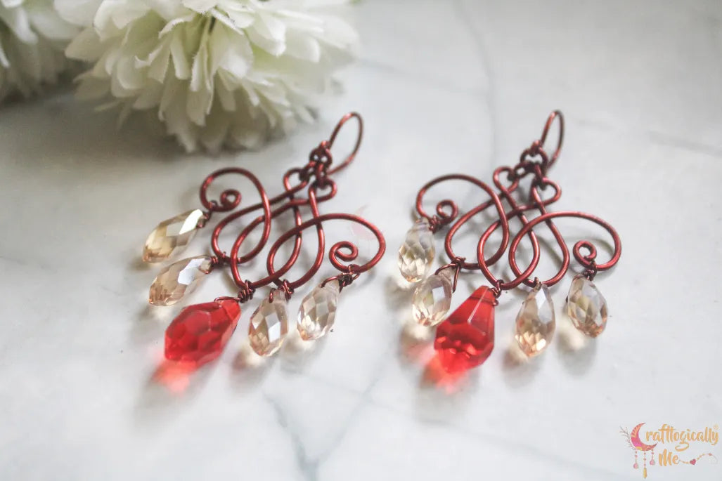 Orange & Gold Crystal Filigree Earrings – Handmade Anti-Tarnish Copper Jewelry