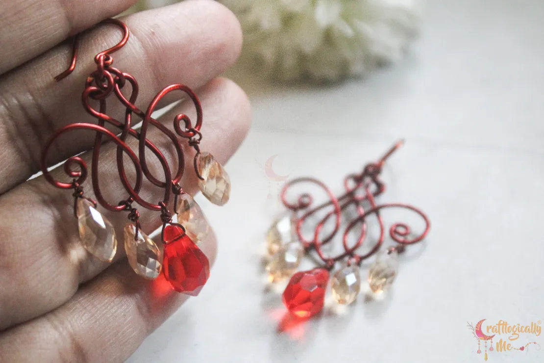 Orange & Gold Crystal Filigree Earrings – Handmade Anti-Tarnish Copper Jewelry