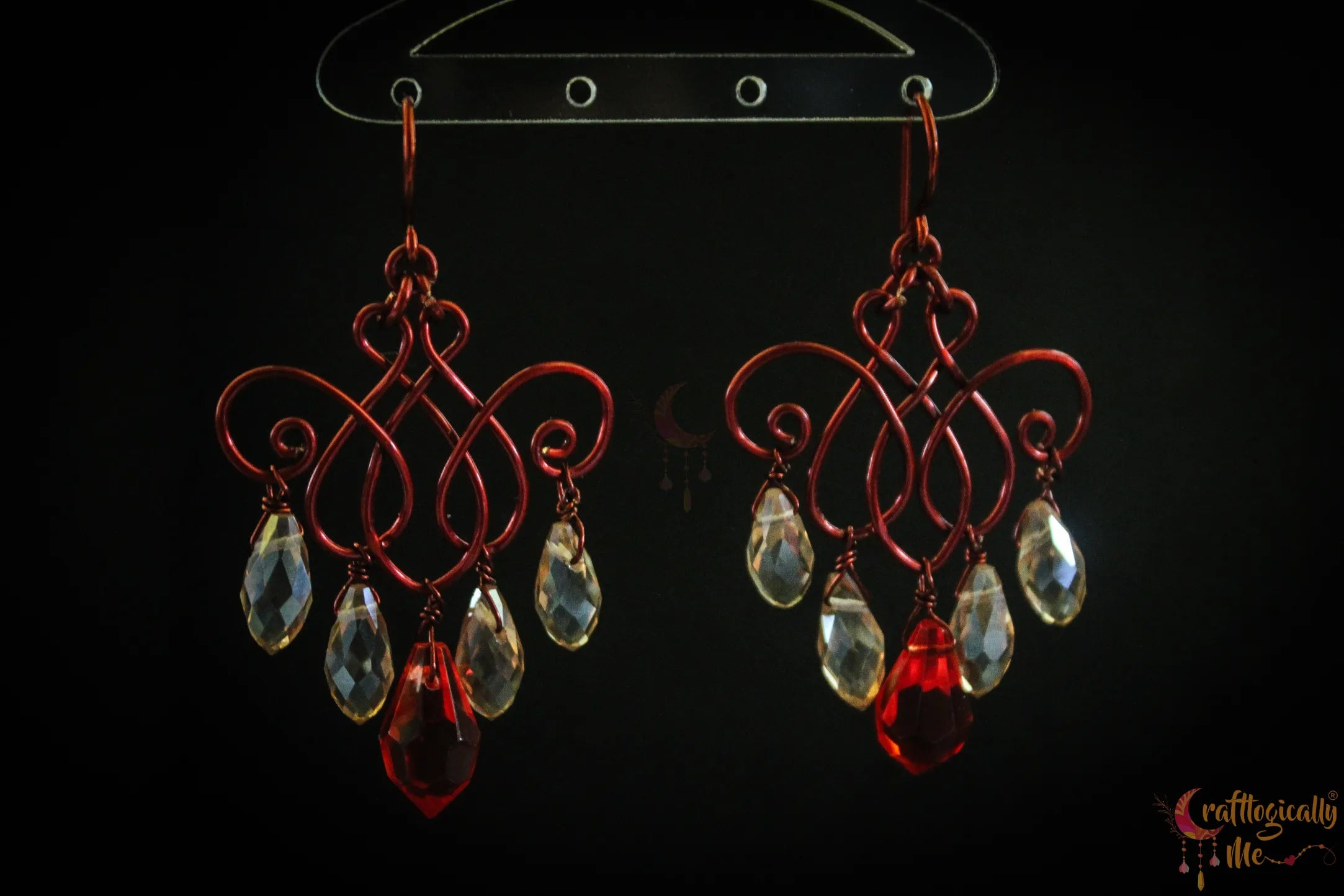 Orange & Gold Crystal Filigree Earrings – Handmade Anti-Tarnish Copper Jewelry
