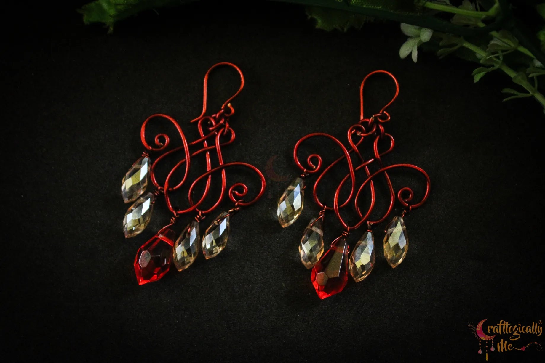 Orange & Gold Crystal Filigree Earrings – Handmade Anti-Tarnish Copper Jewelry
