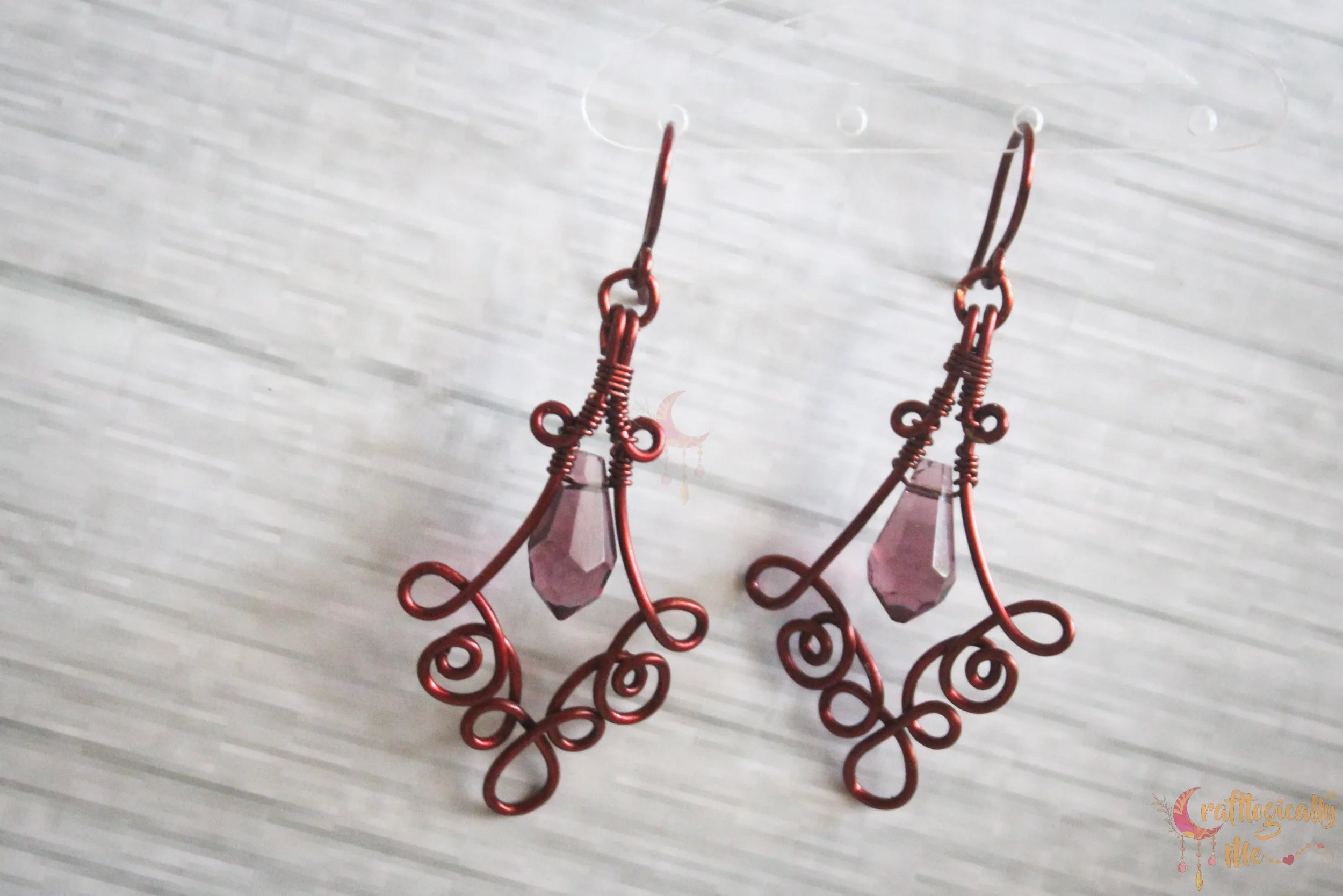 Purple Crystal Swirly Drop Earrings – Handmade Anti-Tarnish Copper Jewelry
