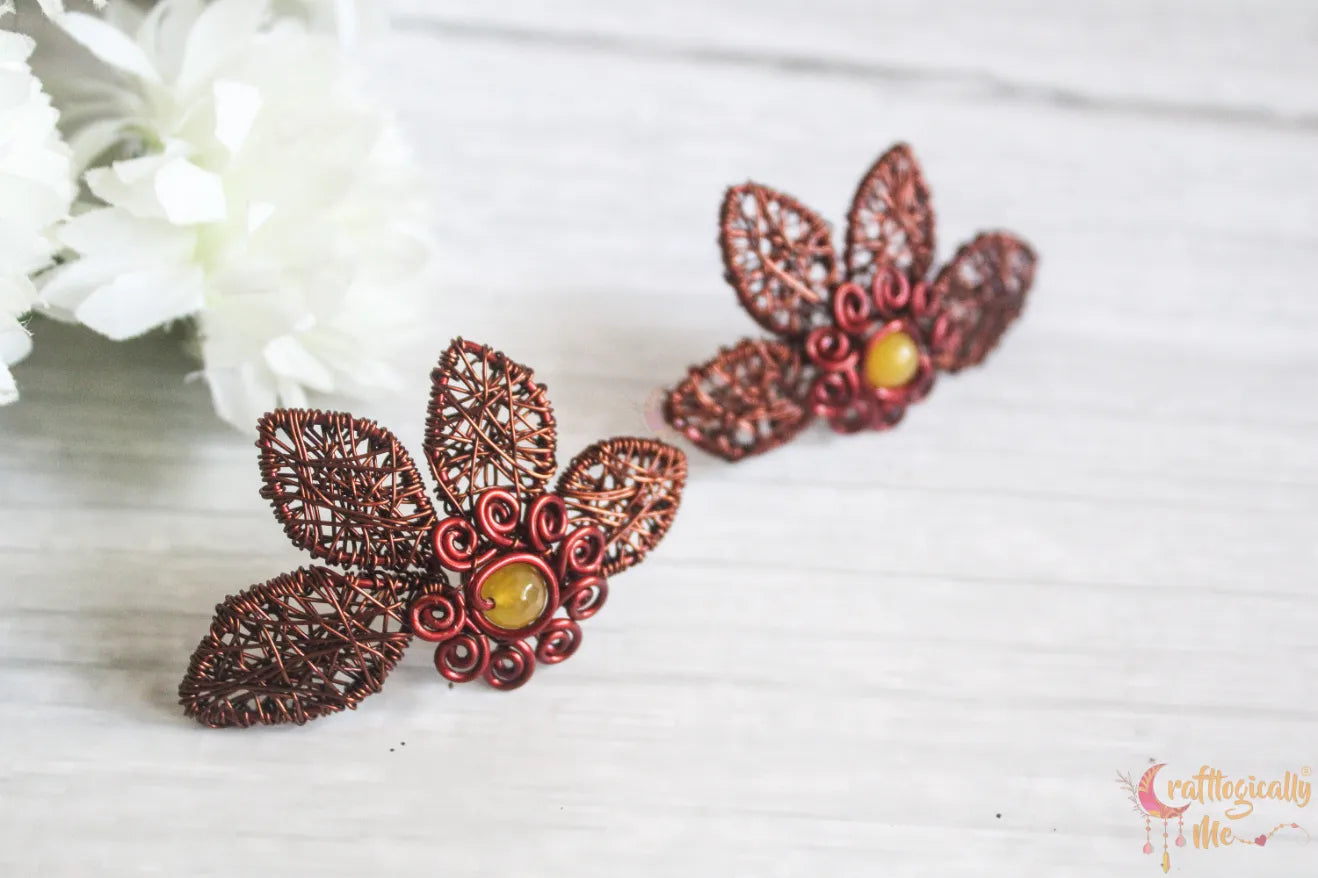 Bold Chunky Flower Stud Earrings with Yellow Agate – Handmade Anti-Tarnish Copper Jewelry