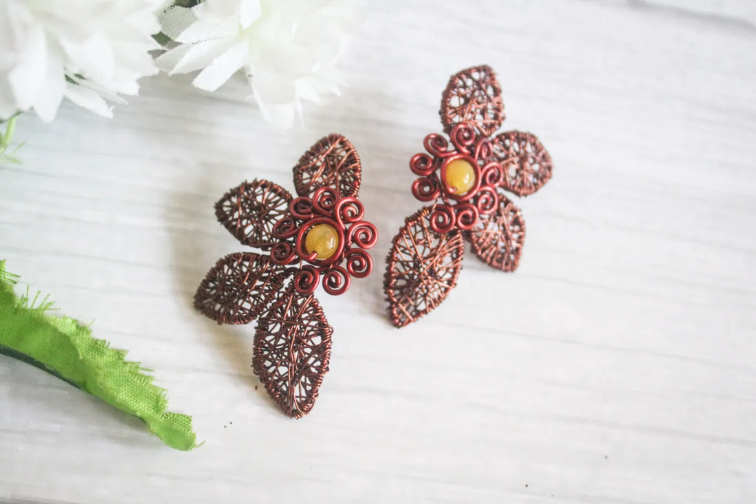 Bold Chunky Flower Stud Earrings with Yellow Agate – Handmade Anti-Tarnish Copper Jewelry