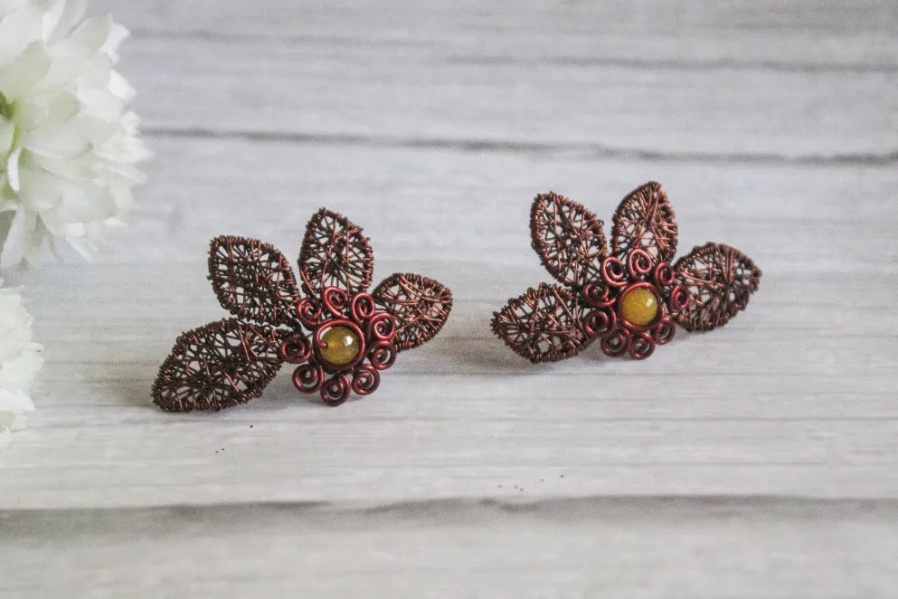 Bold Chunky Flower Stud Earrings with Yellow Agate – Handmade Anti-Tarnish Copper Jewelry
