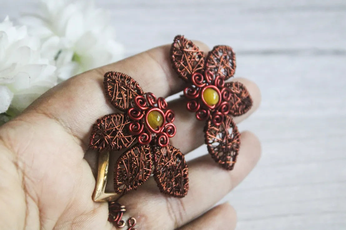Bold Chunky Flower Stud Earrings with Yellow Agate – Handmade Anti-Tarnish Copper Jewelry