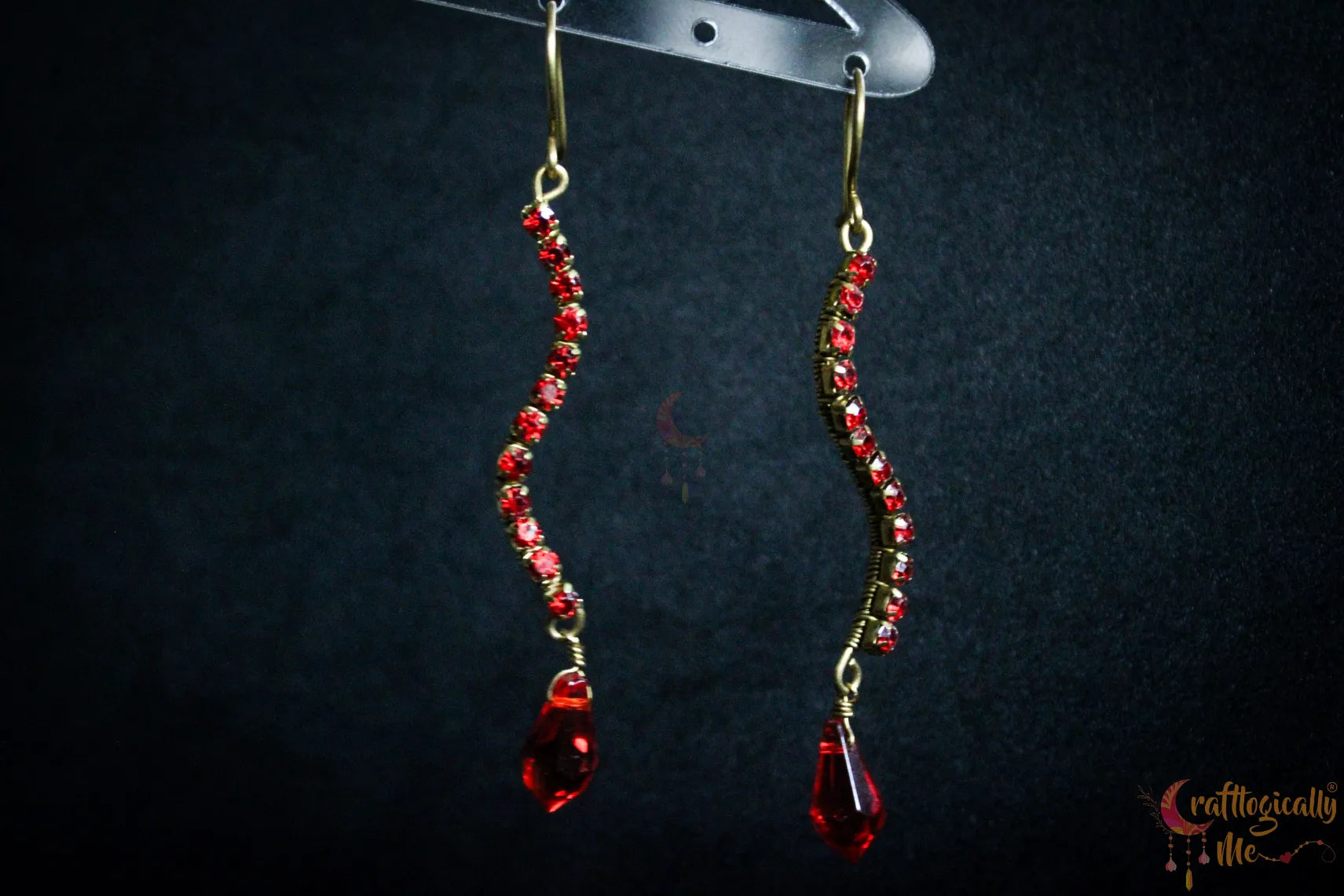 Red Rhinestone Curvy Drop Earrings – Handmade Statement Jewelry