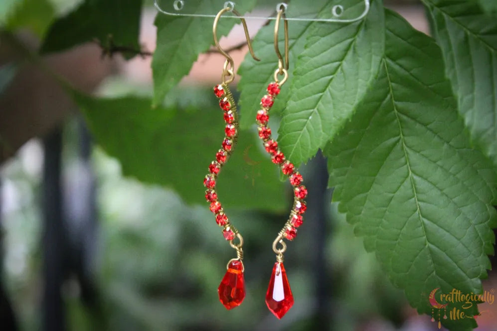 Red Rhinestone Curvy Drop Earrings – Handmade Statement Jewelry