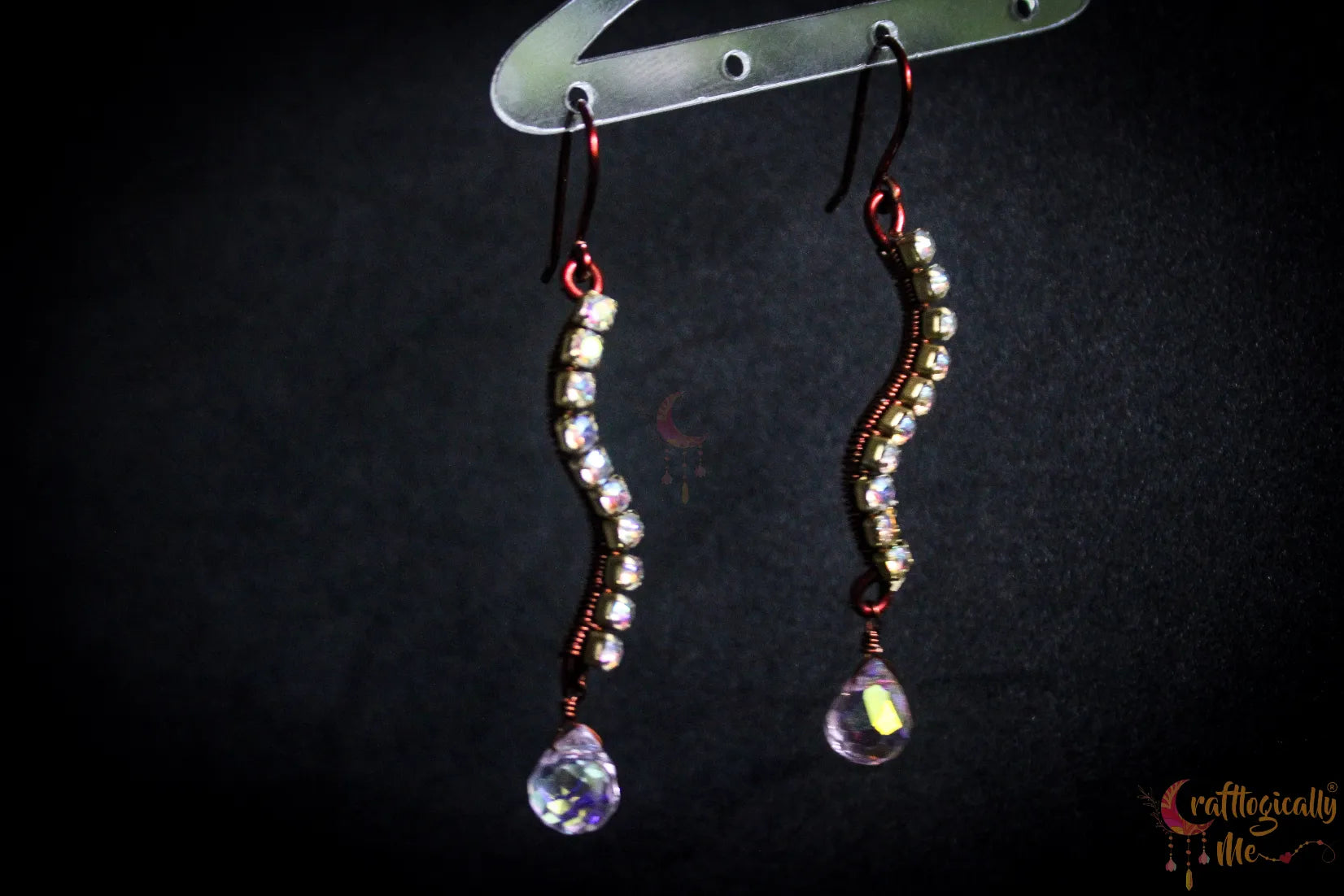 Curvy Rhinestone Drop Earrings with Aurora Crystal – Handmade Statement Jewelry