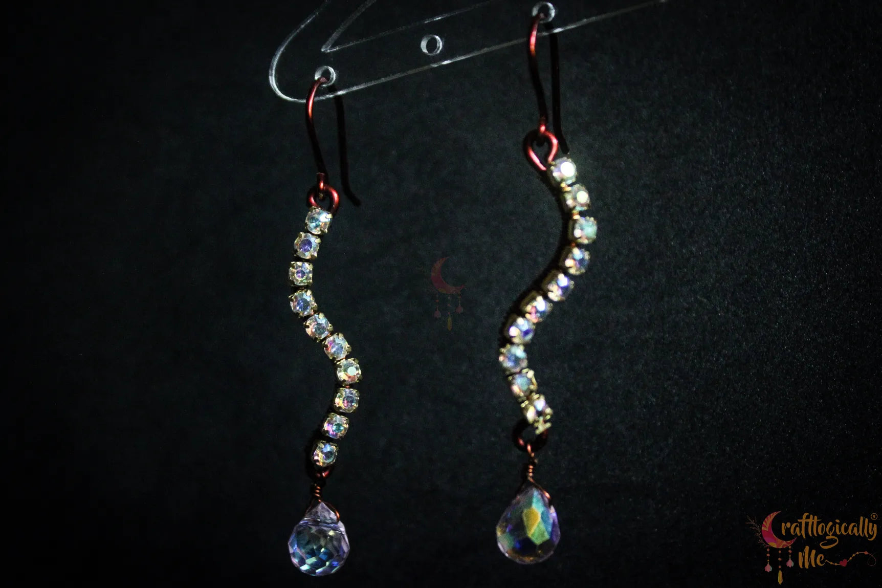 Curvy Rhinestone Drop Earrings with Aurora Crystal – Handmade Statement Jewelry