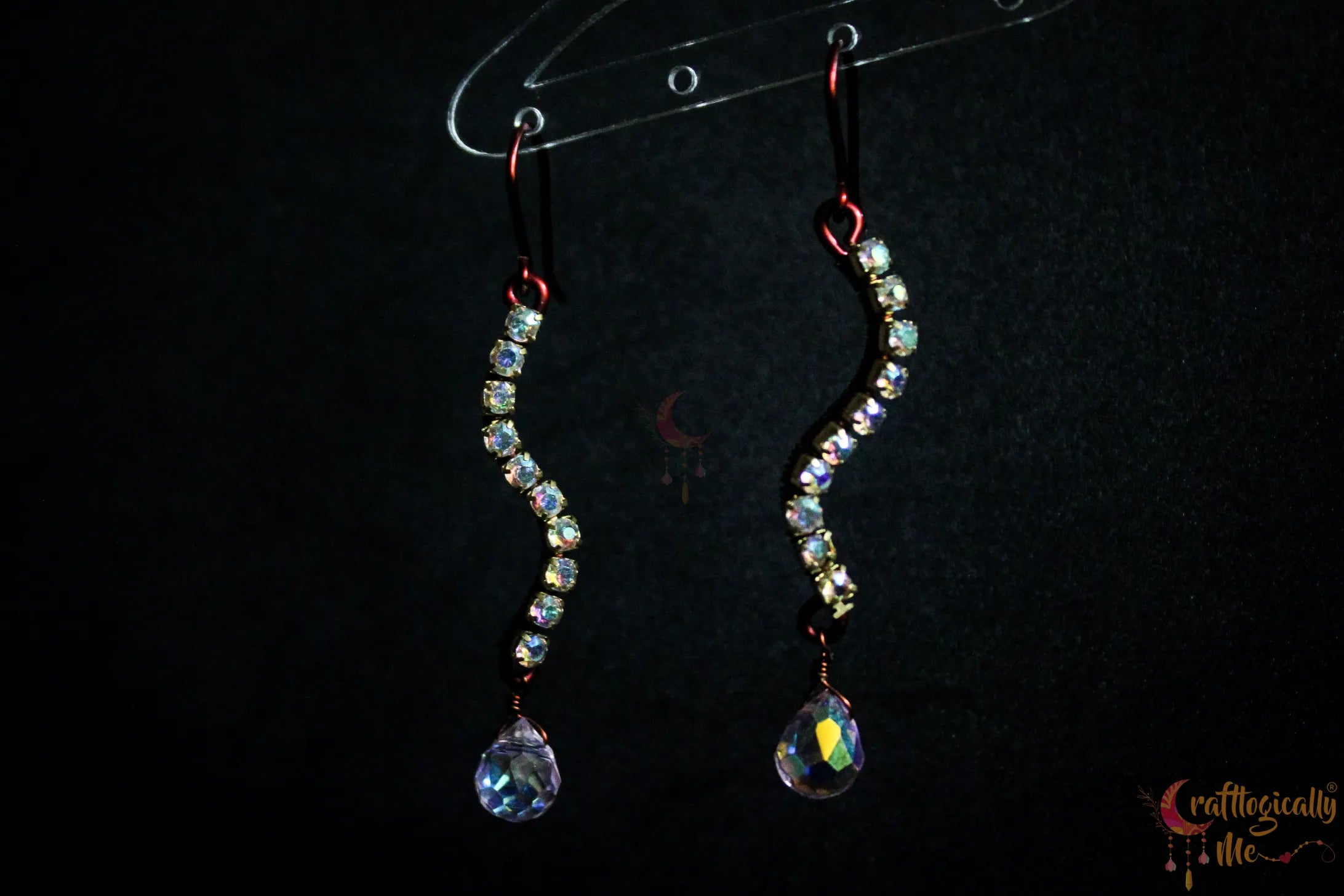 Curvy Rhinestone Drop Earrings with Aurora Crystal – Handmade Statement Jewelry