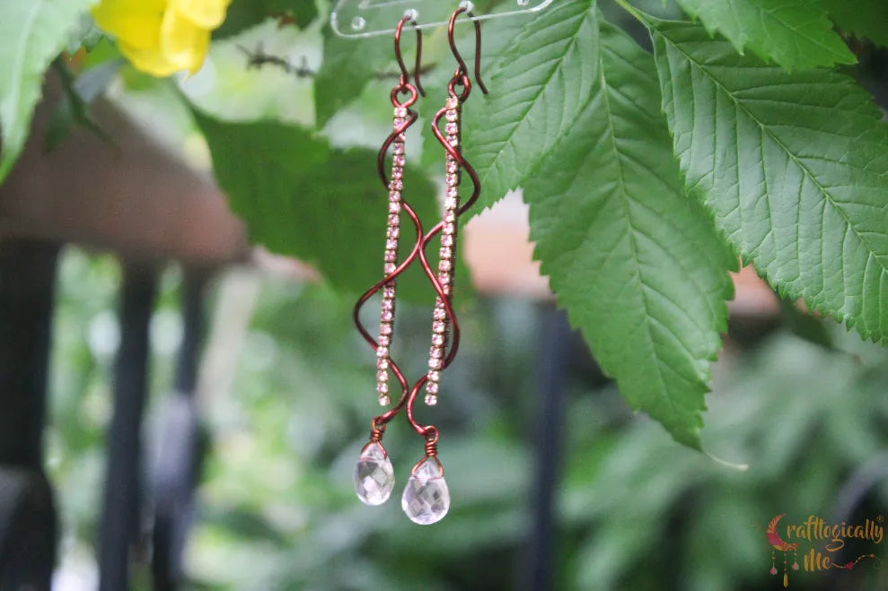 Twisted Rhinestone Drop Dangler Earrings with Pink Crystal – Handmade Statement Jewelry