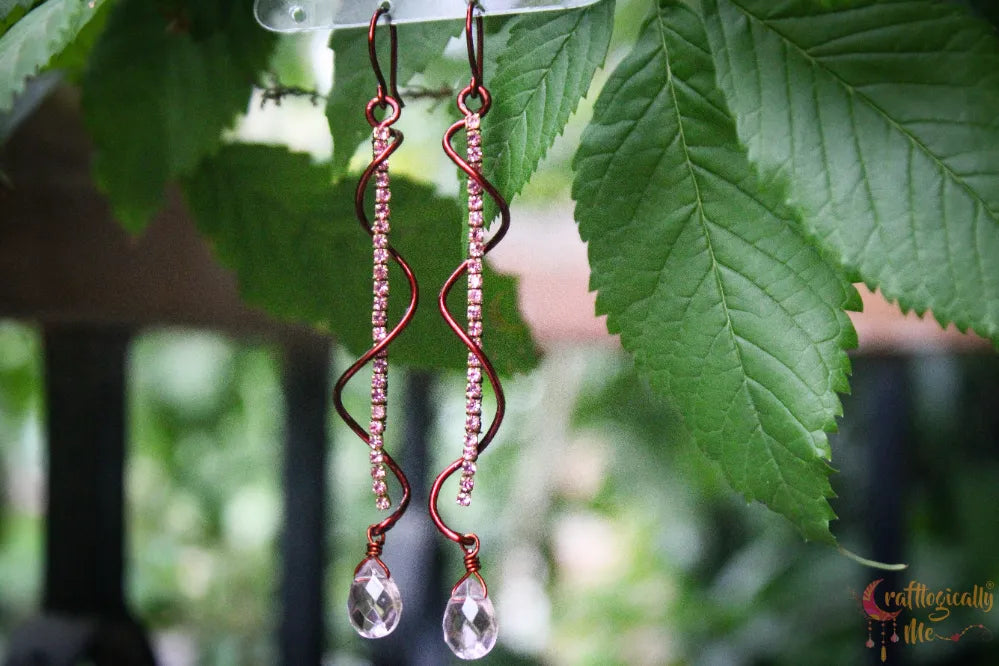 Twisted Rhinestone Drop Dangler Earrings with Pink Crystal – Handmade Statement Jewelry