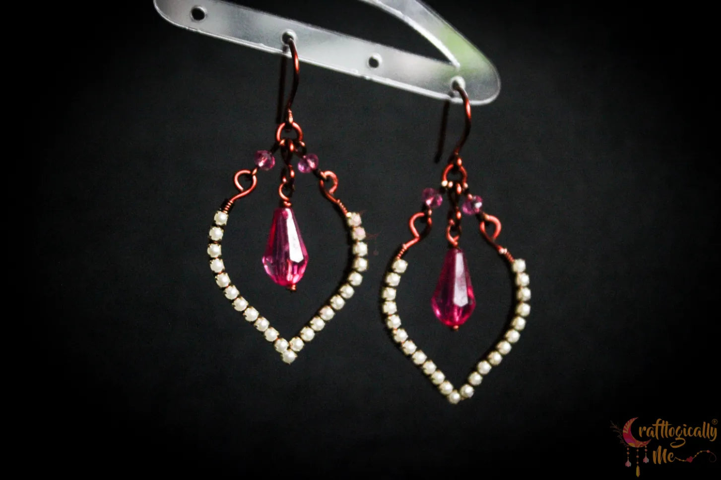 Heart Rhinestone Drop Earrings with Pink Crystal – Handmade Statement Jewelry