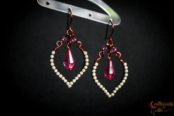 Heart Rhinestone Drop Earrings with Pink Crystal – Handmade Statement Jewelry
