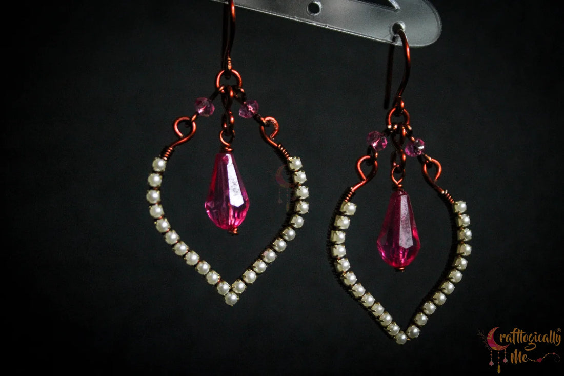 Heart Rhinestone Drop Earrings with Pink Crystal – Handmade Statement Jewelry