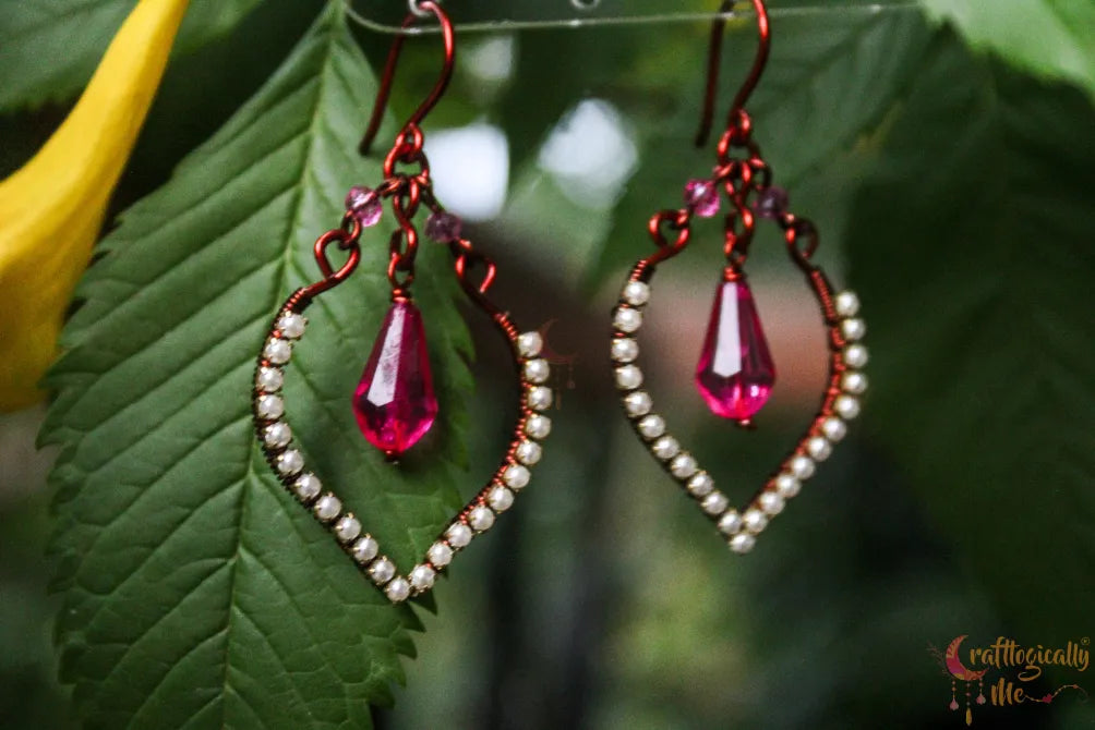 Heart Rhinestone Drop Earrings with Pink Crystal – Handmade Statement Jewelry