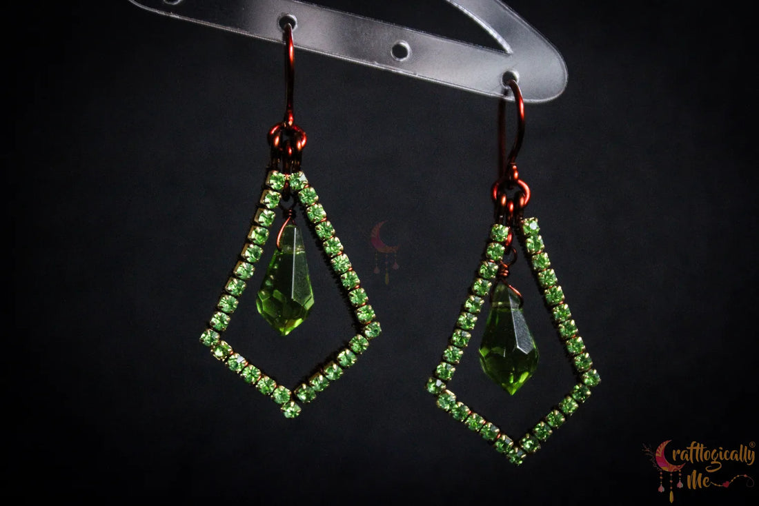 Geometric Rhinestone Drop Earrings with Green Crystal – Handmade Statement Jewelry