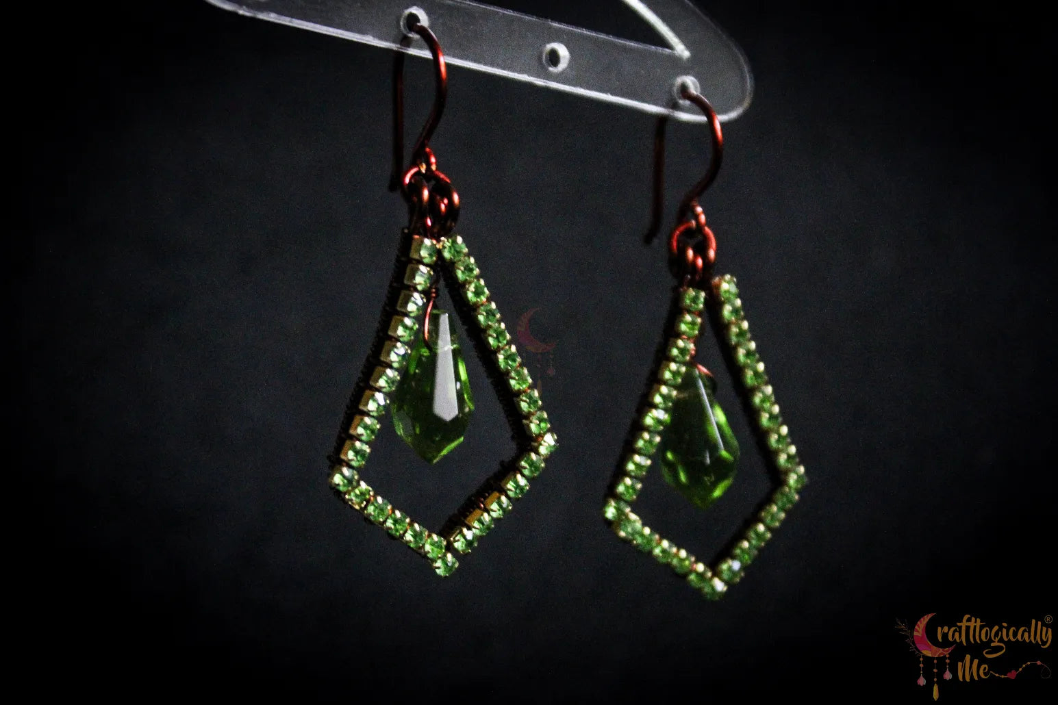 Geometric Rhinestone Drop Earrings with Green Crystal – Handmade Statement Jewelry