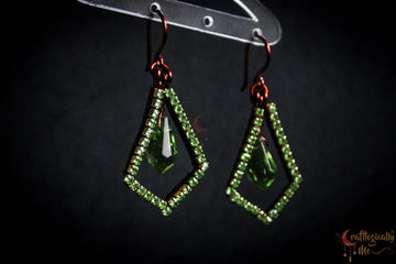 Geometric Rhinestone Drop Earrings with Green Crystal – Handmade Statement Jewelry