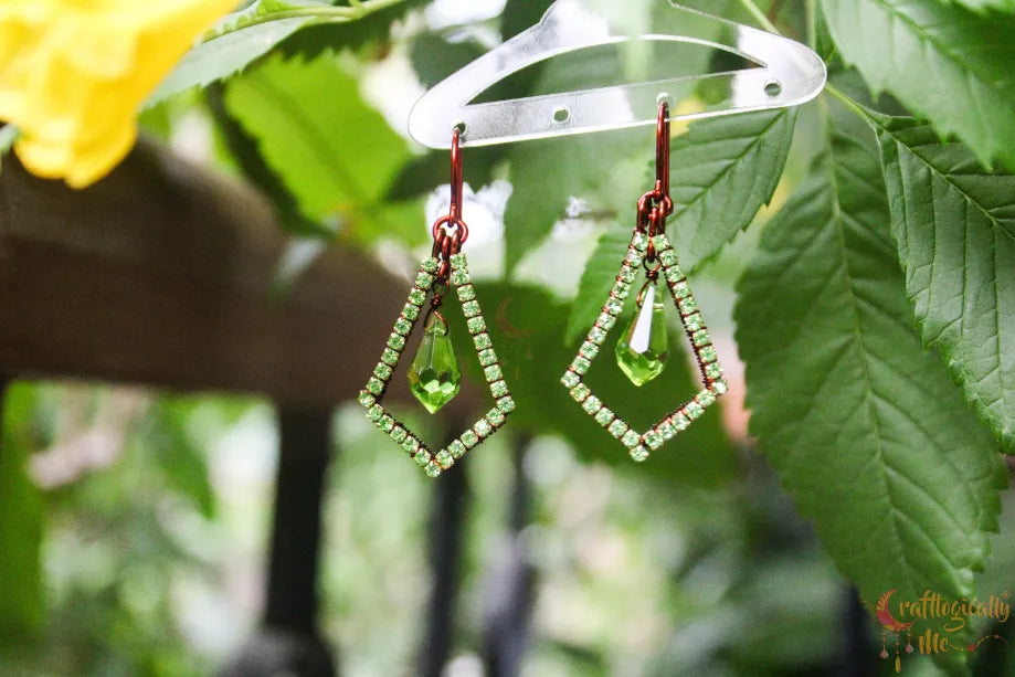 Geometric Rhinestone Drop Earrings with Green Crystal – Handmade Statement Jewelry