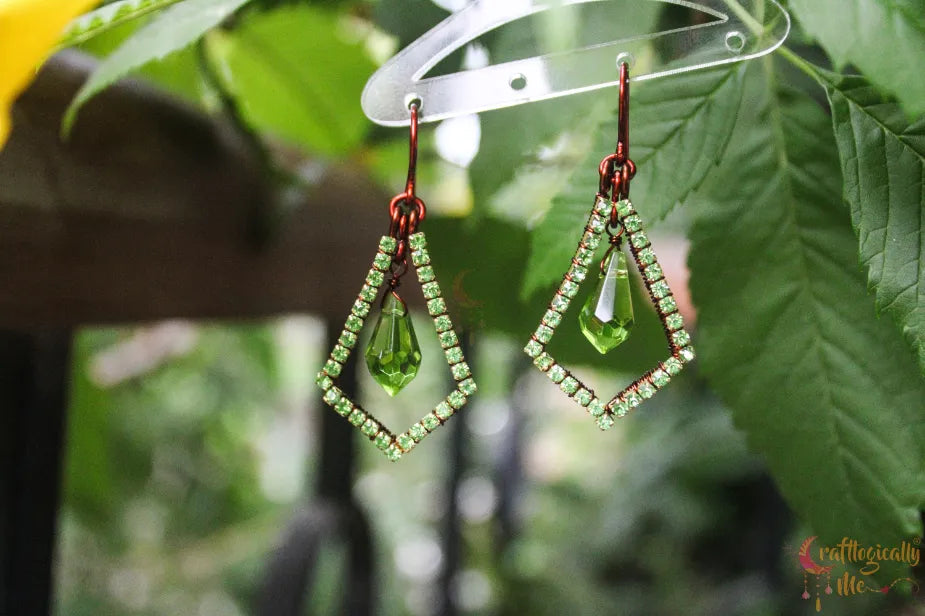 Geometric Rhinestone Drop Earrings with Green Crystal – Handmade Statement Jewelry