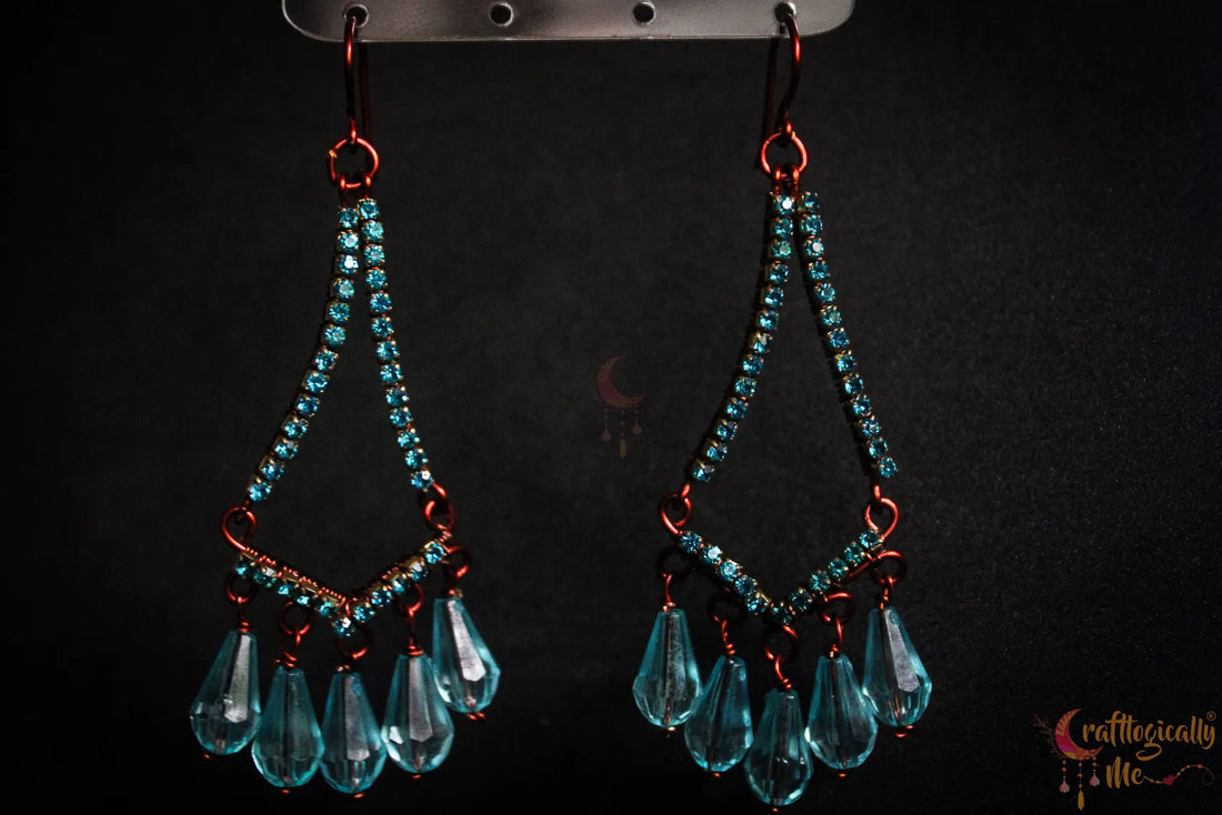Blue Rhinestone Chandelier Dangler Earrings – Handmade Statement Jewelry