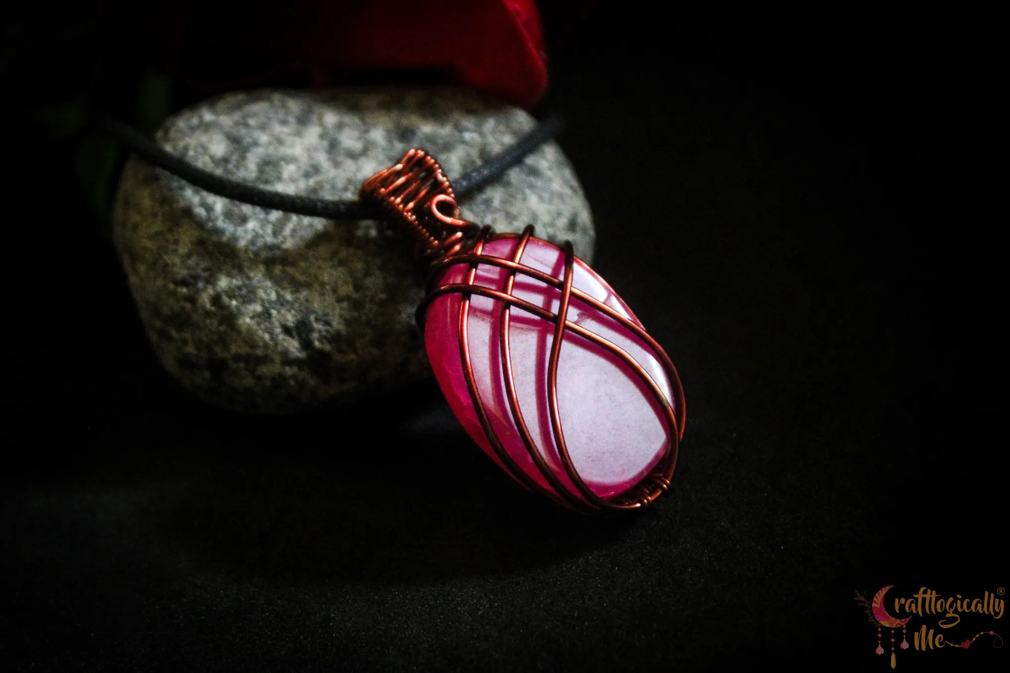 Pink Onyx Cross Over Pendant – Handmade Wire Wrapped Jewelry