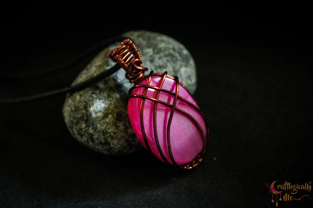 Pink Onyx Cross Over Pendant – Handmade Wire Wrapped Jewelry